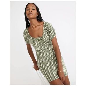 Madewell Jacquard Puff-Sleeve Mini Dress in Green Gingham Check